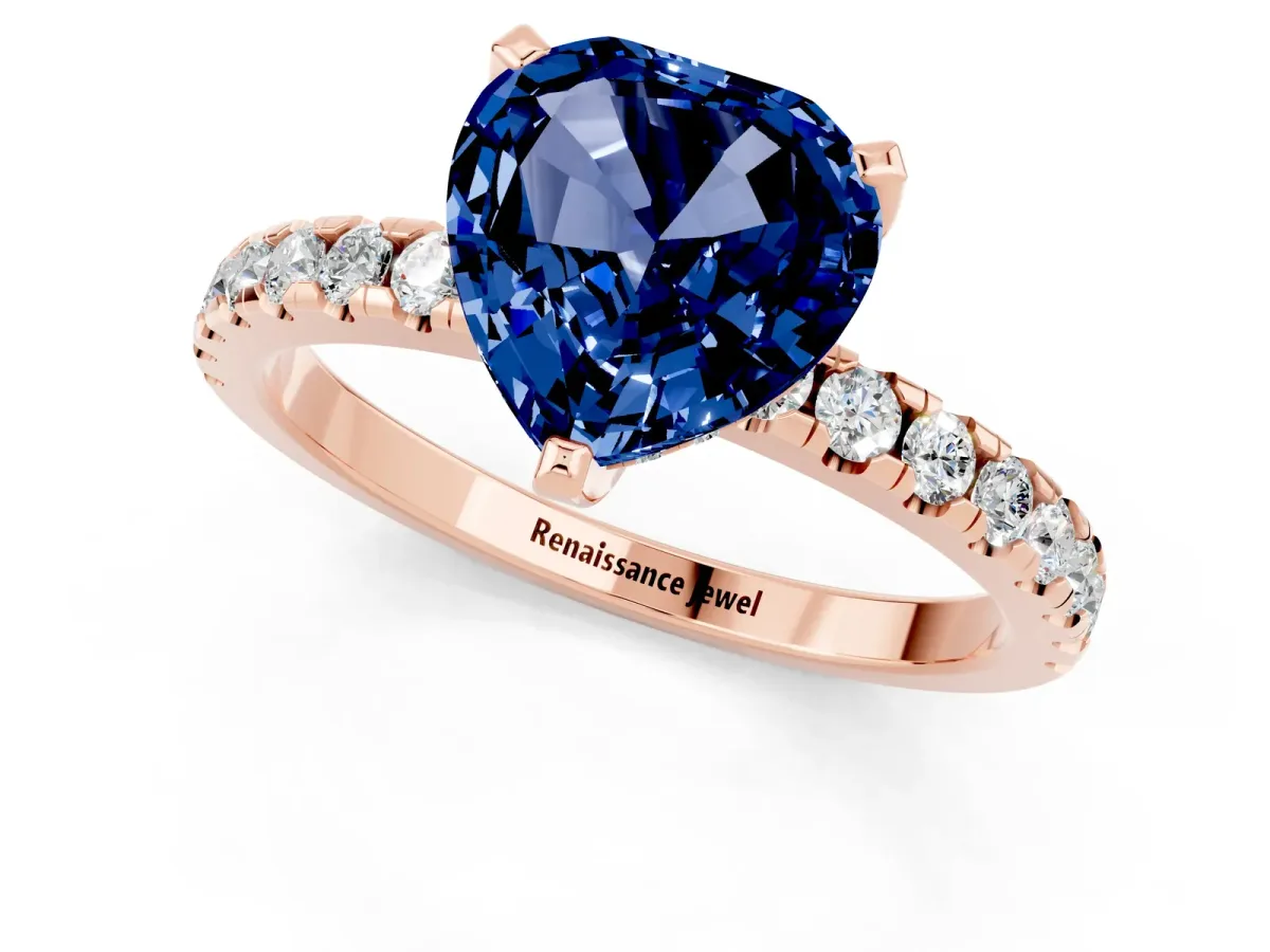Heart Cut Blue Sapphire Solitaire Ring with Round Pavé Band and Four-Prong Setting Rose gold