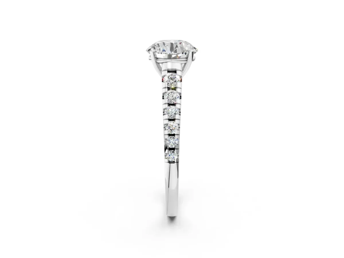 Round Cut Diamond Cathedral Solitaire Ring with Round Pavé Band White gold