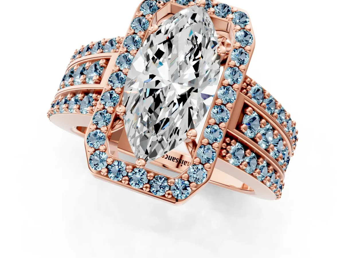 Marquise Cut Halo Diamond Ring with Round Aquamarine Split Shank and Prong Setting Rose gold