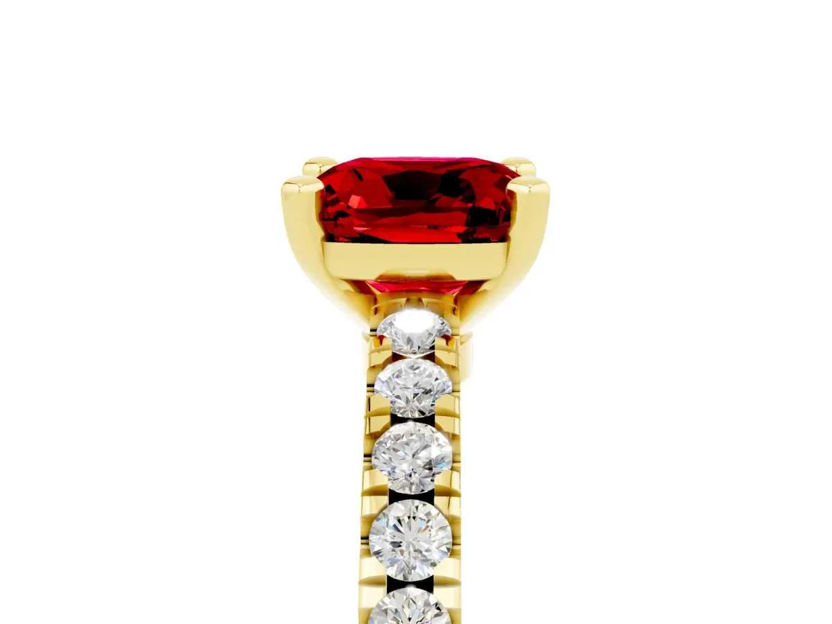 Cushion Cut Solitaire Ruby with Pavé Band and Four-Prong Setting Yellow gold