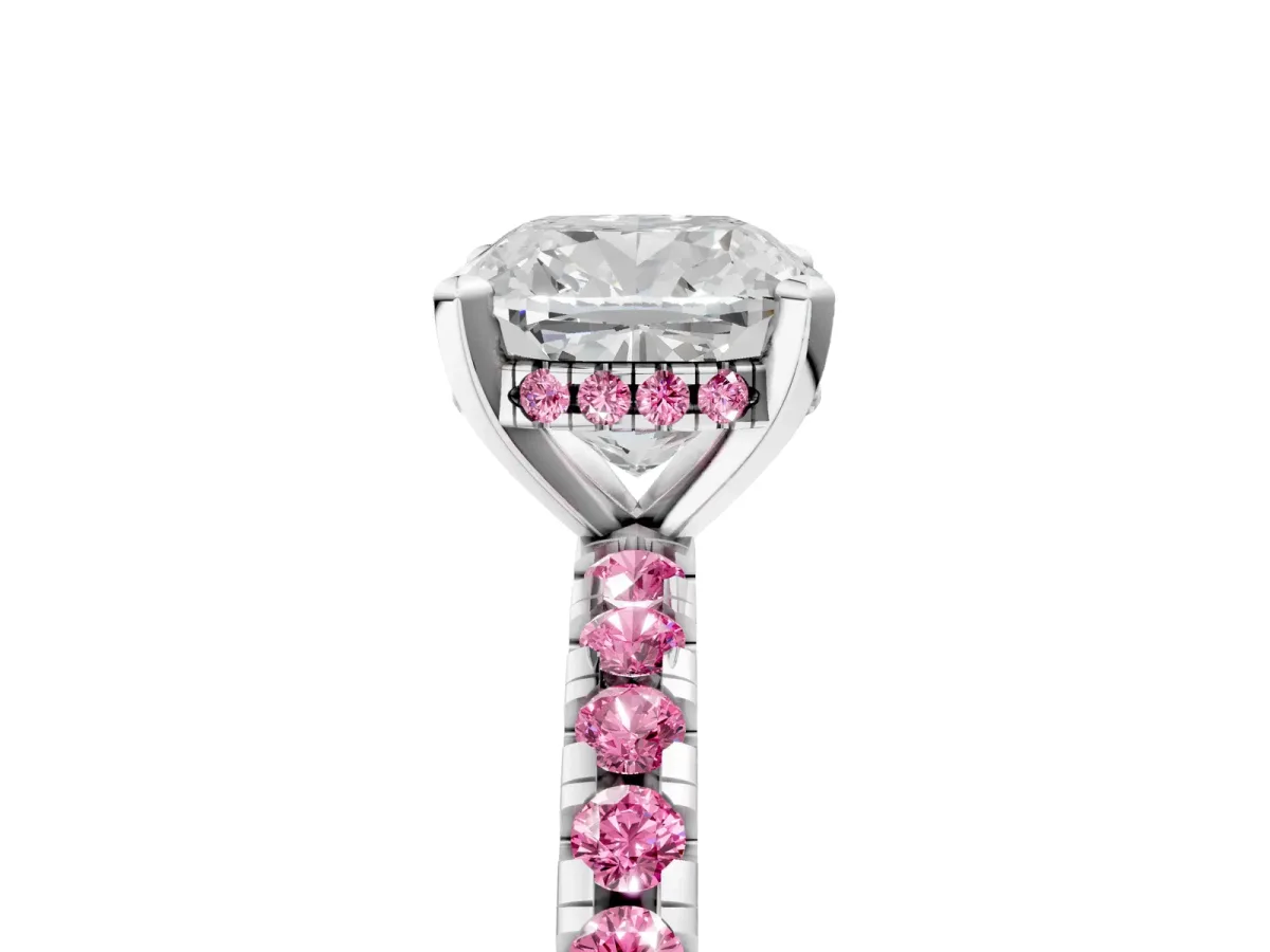 Cushion Cut Diamond Solitaire Ring with Round Pink Sapphire Pavé Band and Four-Prong Setting White gold