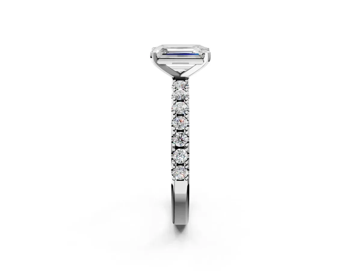 Emerald Cut Diamond Solitaire Pavé Band with Four-Prong Setting White gold