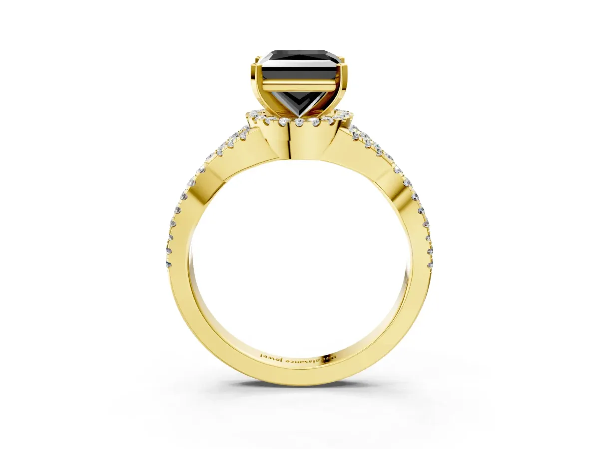 Fancy Black Princess Cut Diamond Halo Twist Band Solitaire Prong Setting Ring Yellow gold
