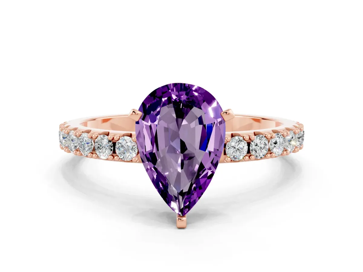 Pear Cut Amethyst Solitaire Pavé Band with Four-Prong Setting Rose gold