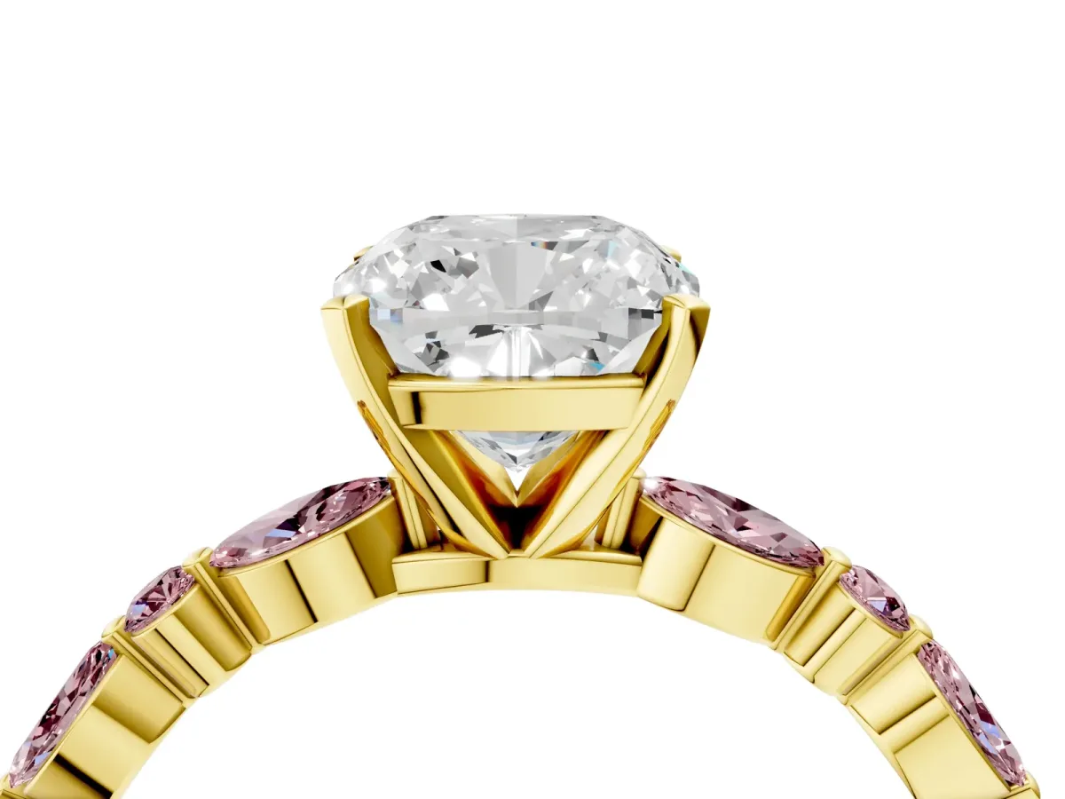 Cushion Cut Diamond Ring with Marquise and Round Morganite Side Stones and Four-Prong Setting Yellow gold
