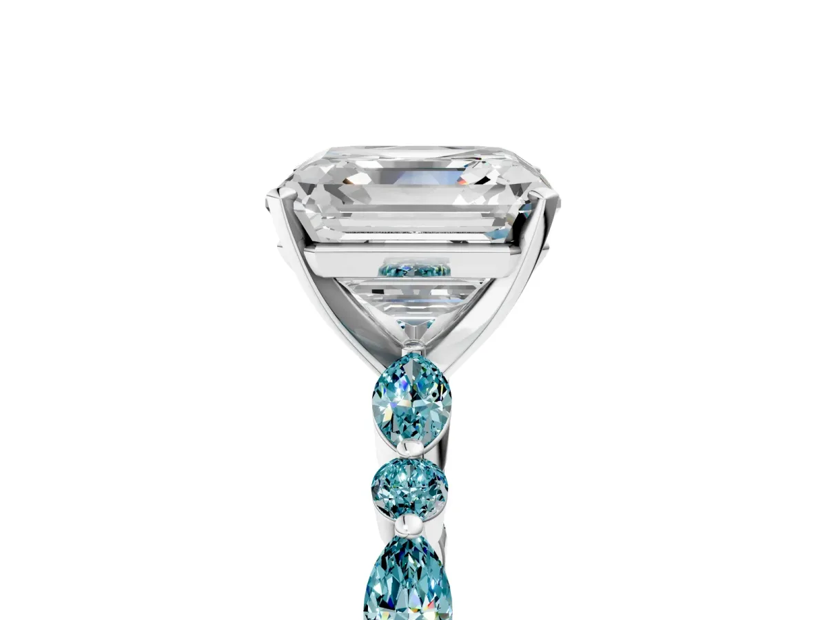 Asscher Cut Diamond Ring with Marquise and Round Blue Topaz Side Stones and Four-Prong Setting White gold