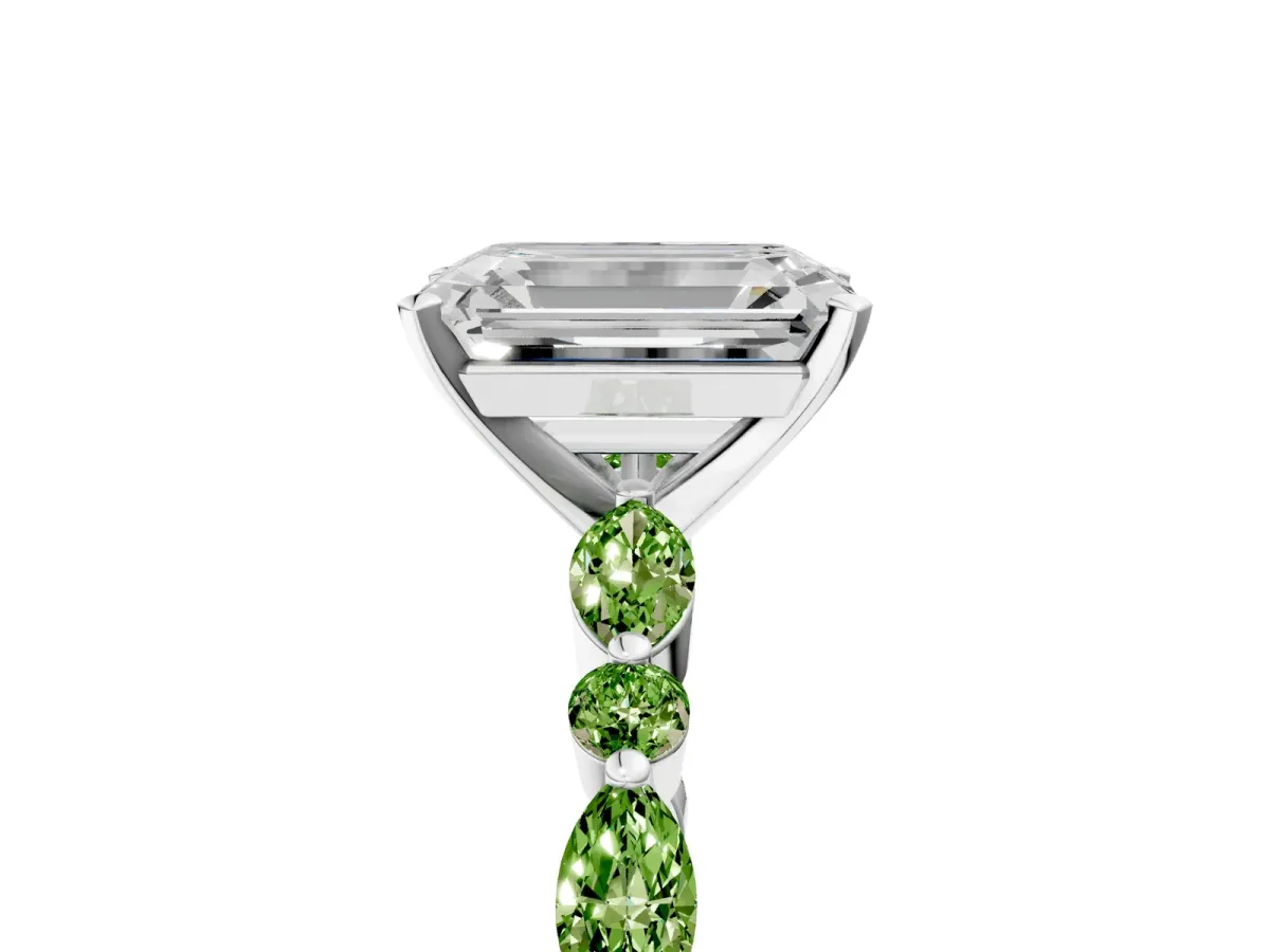 Emerald Cut Diamond Ring with Marquise and Round Peridot Side Stones and Four-Prong Setting White gold
