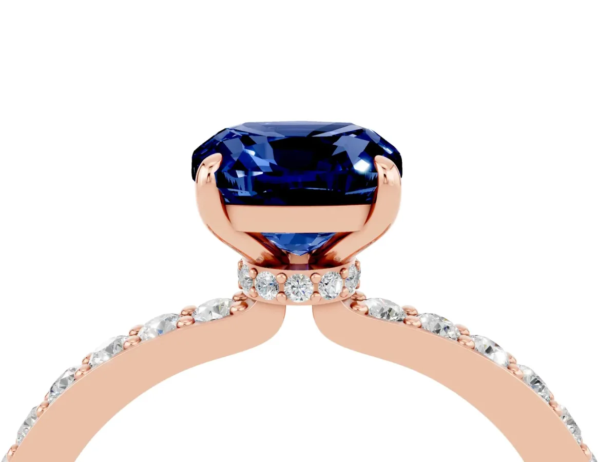 Cushion Cut Blue Sapphire Solitaire Engagement Ring with Pavé Band and Four-Prong Setting Rose gold