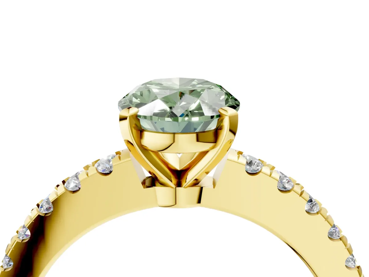 Fancy Green Oval Cut Solitaire Diamond with Pavé Band and Four-Prong Setting Yellow gold