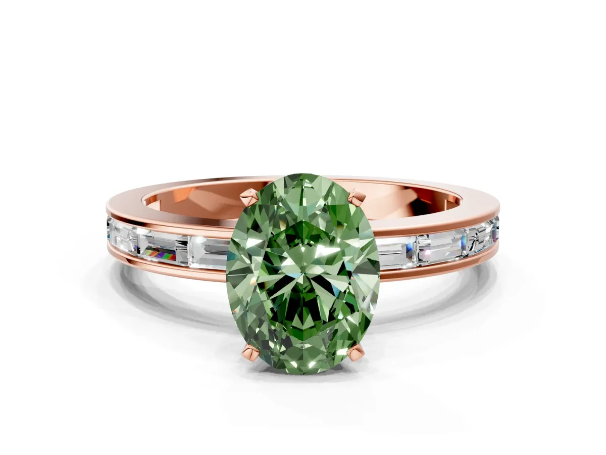 Fancy Green Oval Cut Solitaire Diamond Ring with Channel-Set Baguette Band and Four-Prong Setting Rose gold
