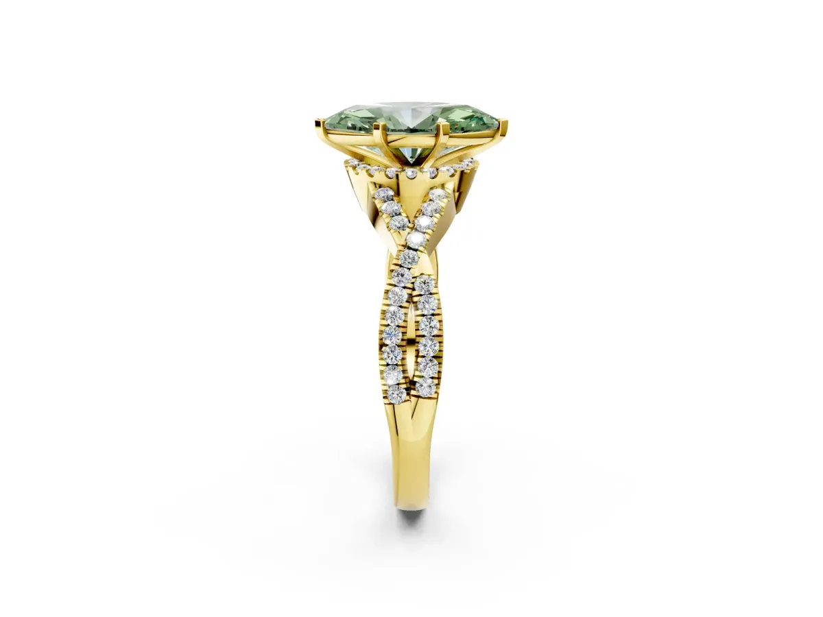 Fancy Green Marquise Cut Diamond Halo Twist Band Solitaire Prong Setting Ring Yellow gold