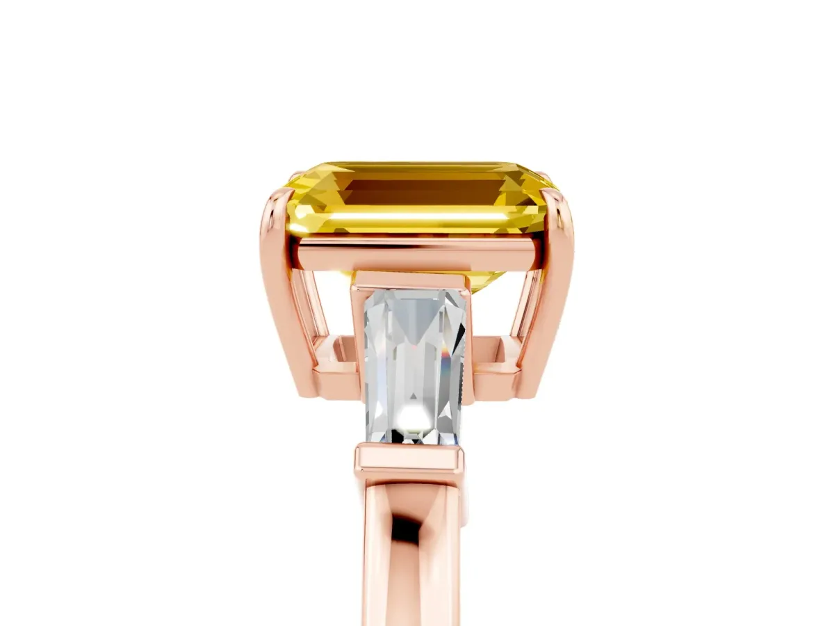 Emerald Cut Yellow Sapphire Three-Stone Ring with Tapered Baguette Side Stones and Prong Setting Rose gold