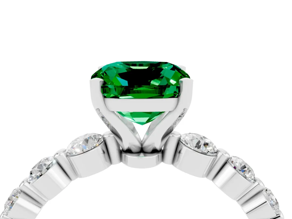 Cushion Cut Solitaire Emerald Ring with Pave Band and Four-Prong Setting Silver