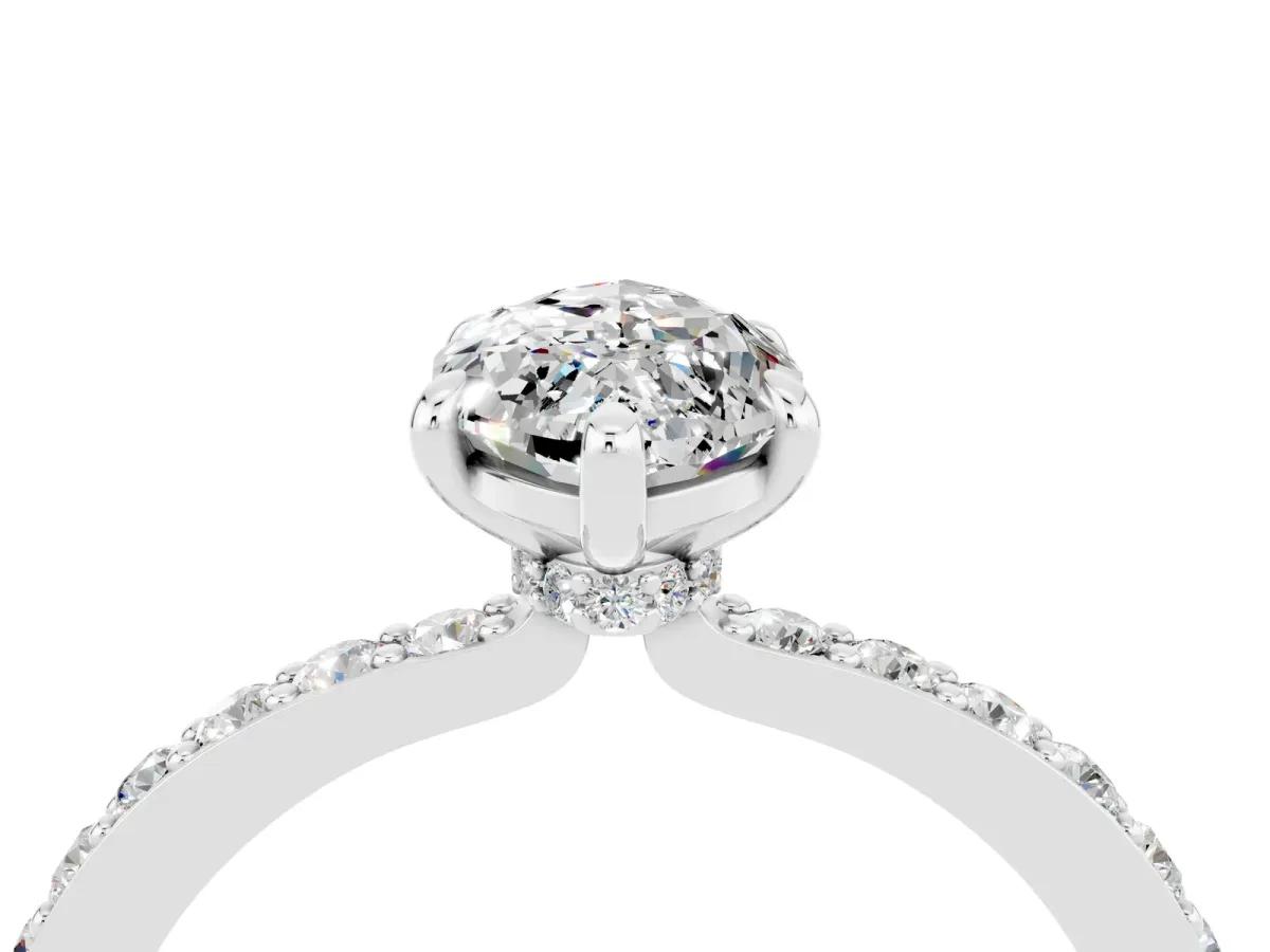 Marquise Cut Moissanite Solitaire Engagement Ring with Pavé Band and Four-Prong Setting White gold