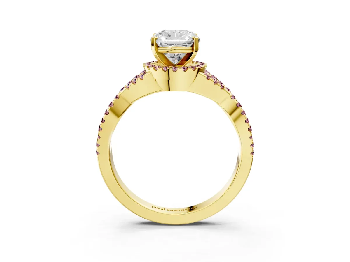 Cushion Cut Diamond Morganite Halo Twist Band Solitaire Prong Setting Ring Yellow gold