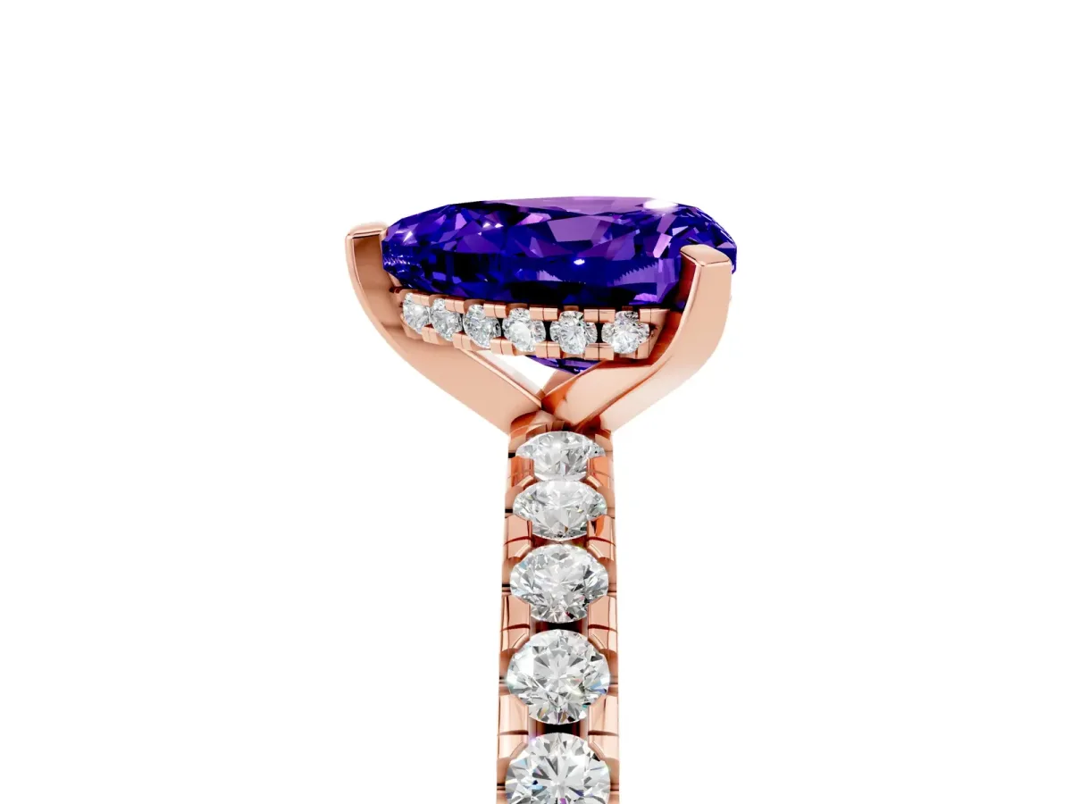 Heart Cut Tanzanite Solitaire Ring with Round Pavé Band and Four-Prong Setting Rose gold