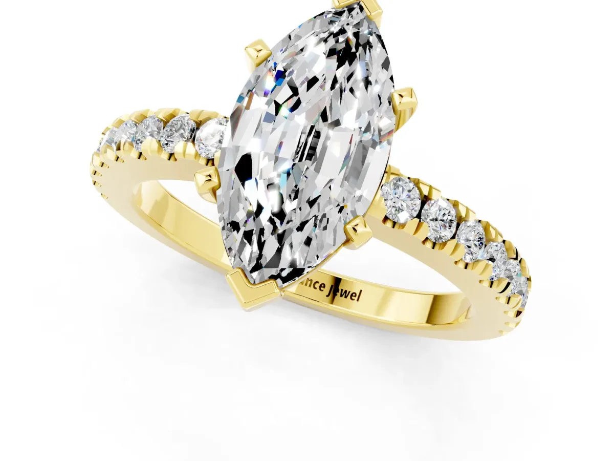 Marquise Cut Solitaire Moissanite with Pavé Band and Four-Prong Setting Yellow gold