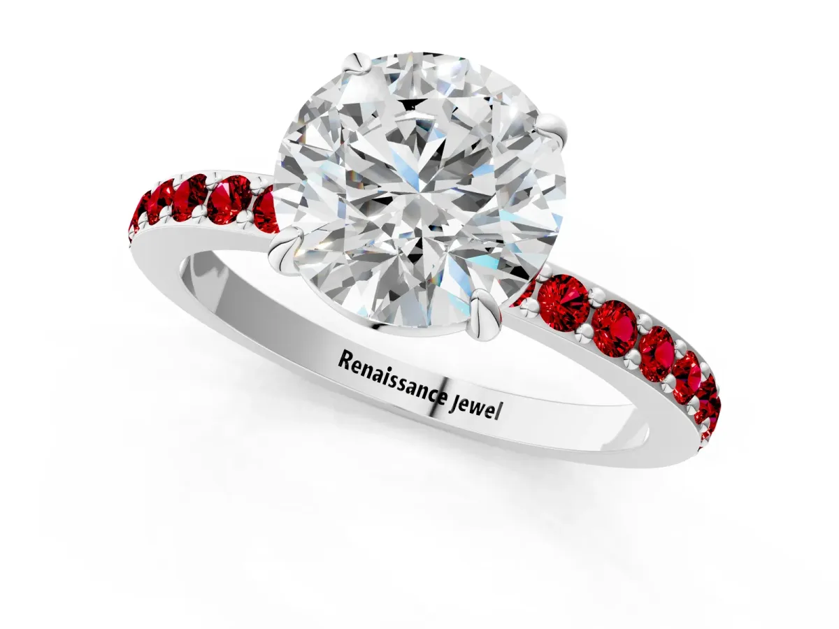 Round Cut Diamond Pavé Engagement Ring with Round Tanzanite Accents and Prong Setting White gold