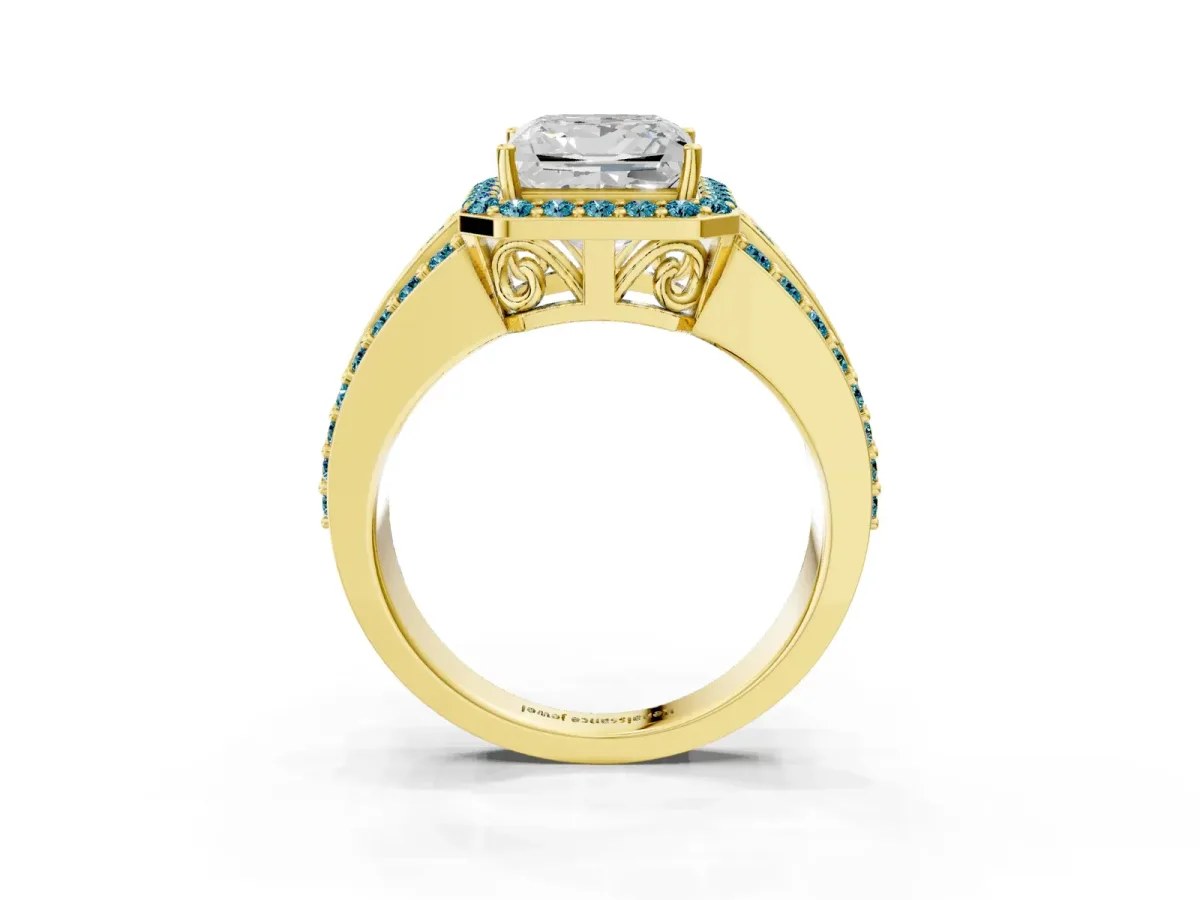 Princess Cut Halo Diamond Ring with Round Blue Topaz Split Shank and Prong Setting Yellow gold