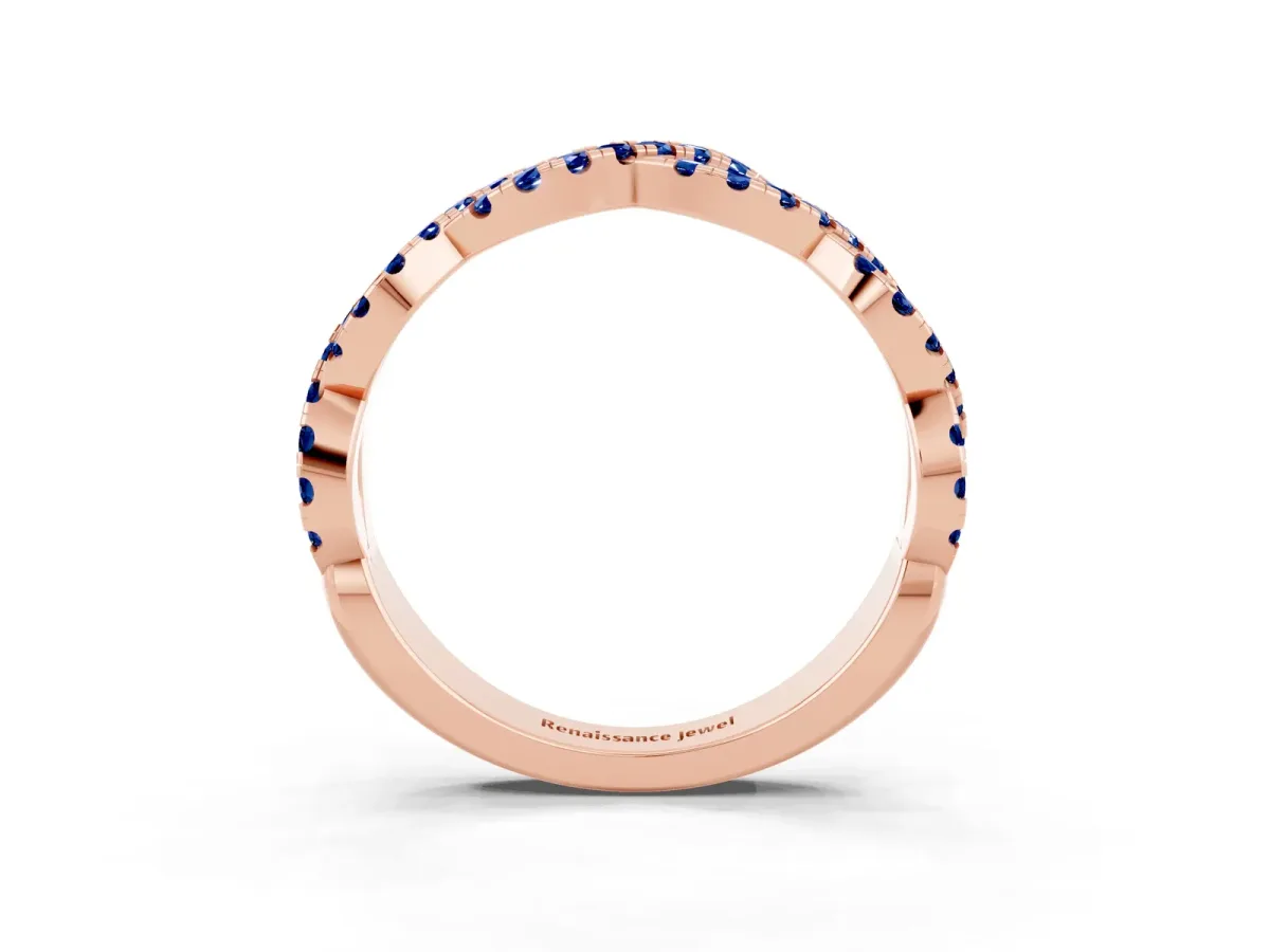 Round Blue Sapphire Twisted Eternity Band with Pavé and Shared Prong Setting Rose gold