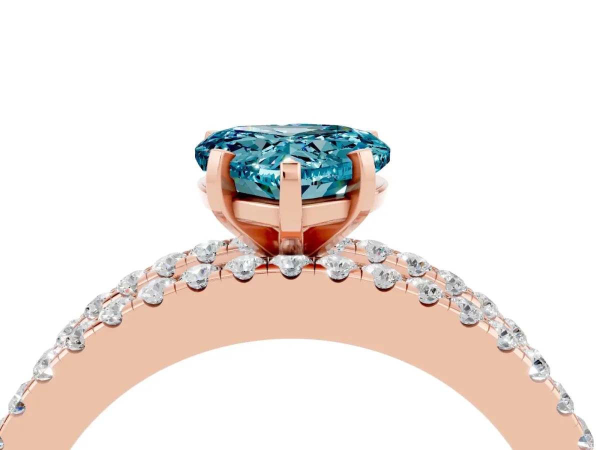 Heart Cut Blue Topaz Solitaire Ring with Pavé and Channel Set Band Rose gold