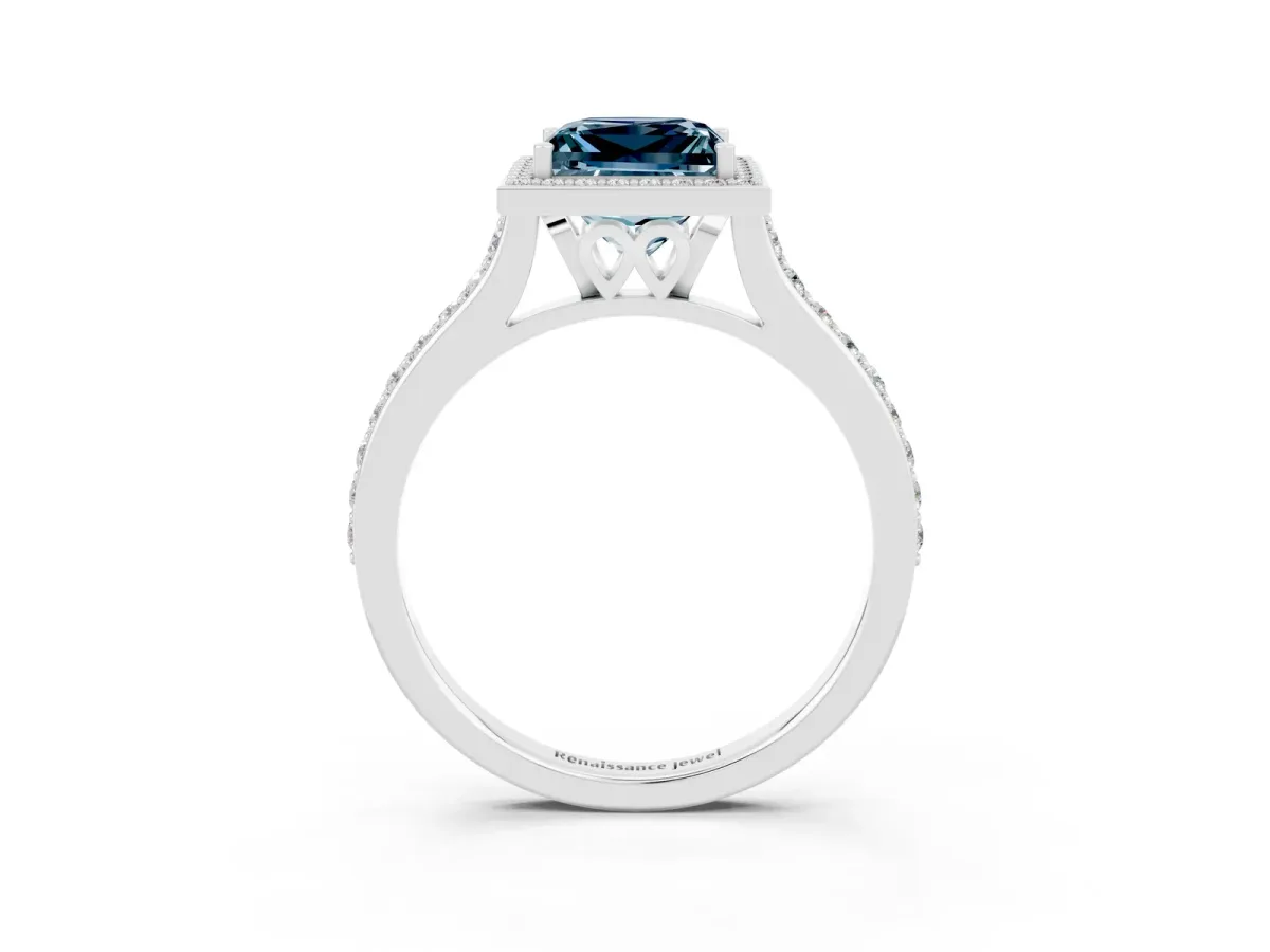 Princess Cut Aquamarine Halo Engagement Ring with Round Pavé Shoulders and Prong Setting Silver