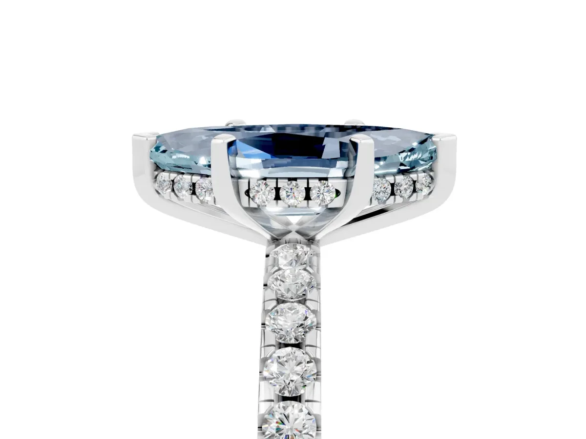 Marquise Cut Aquamarine Solitaire Ring with Round Pavé Band and Four-Prong Setting White gold