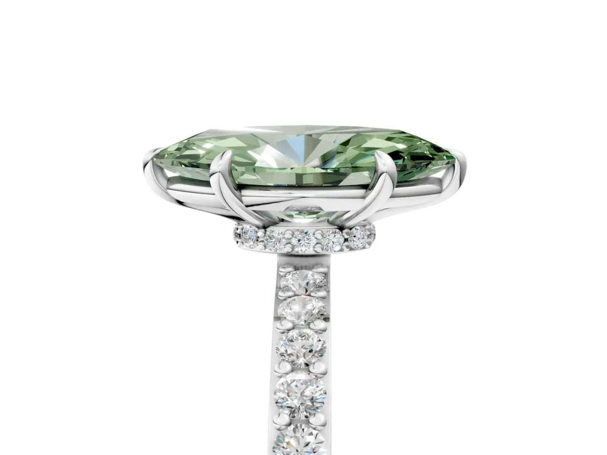 Fancy Green Marquise Cut Diamond Solitaire Engagement Ring with Pavé Band and Four-Prong Setting White gold