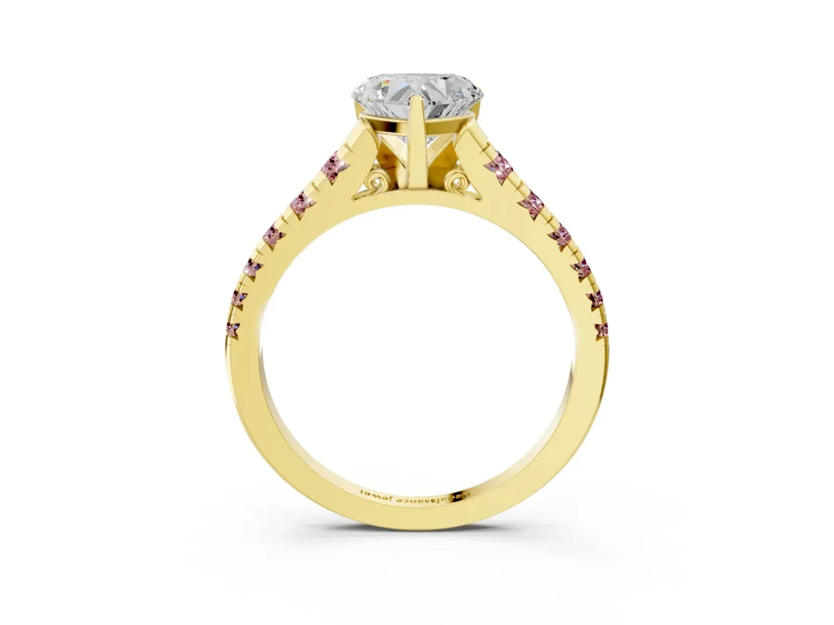 Heart Cut Diamond Cathedral Solitaire Ring with Round Morganite Pavé Band Yellow gold