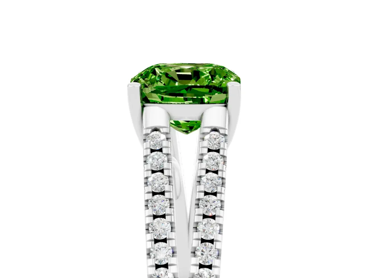 Cushion Cut Peridot Solitaire Engagement Ring with Split Shank Pavé Band Silver