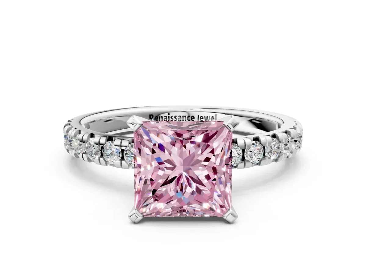 Fancy Pink Princess Cut Diamond Solitaire Pavé Engagement Ring with Round Band and Prong Setting White gold