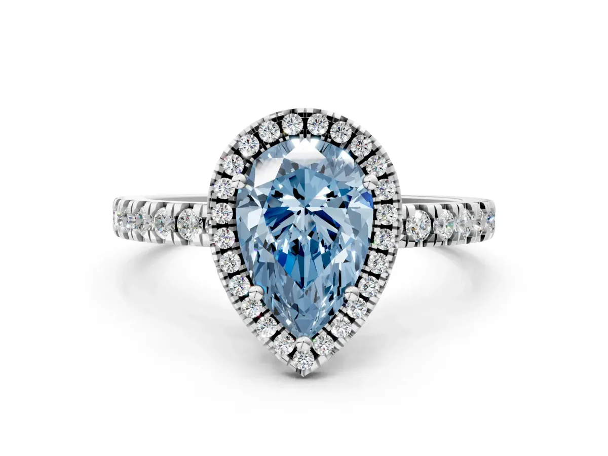 Fancy Blue Pear Cut Diamond Classic Halo Engagement Ring with Round Pavé Band and Prong Setting White gold