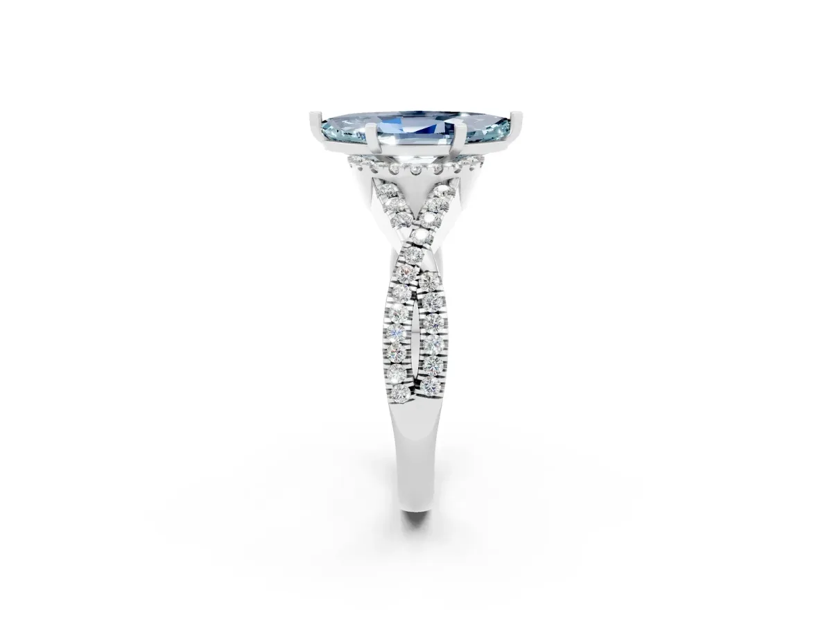 Marquise Cut Aquamarine Halo Twist Band Solitaire Prong Setting Ring White gold