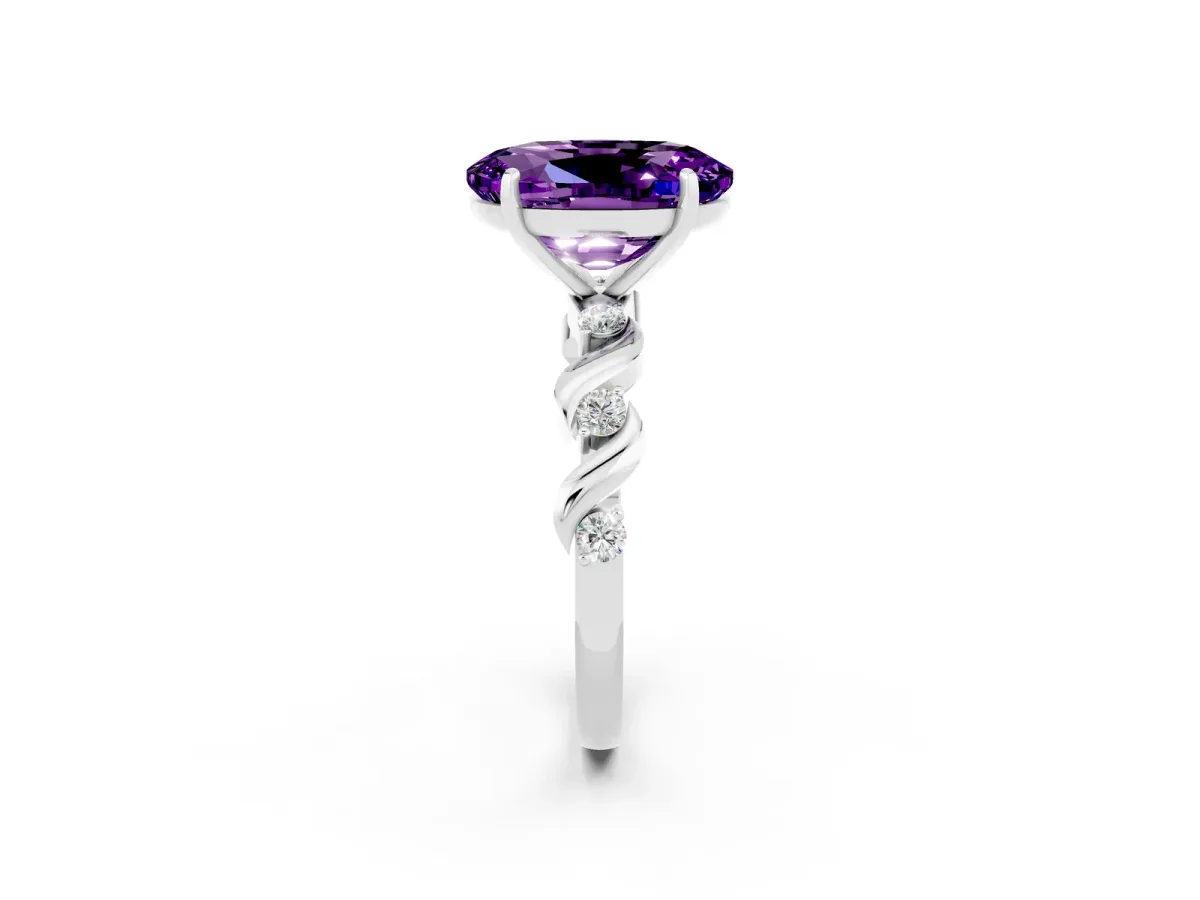 Oval Cut Amethyst Solitaire Twisted Band with Round Accents and Prong Setting Silver