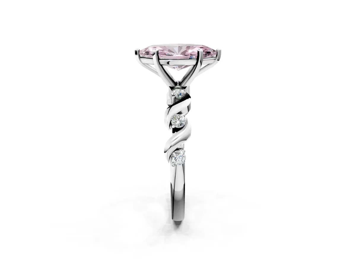 Fancy Pink Marquise Cut Diamond Solitaire Twisted Band with Round Accents and Prong Setting White gold