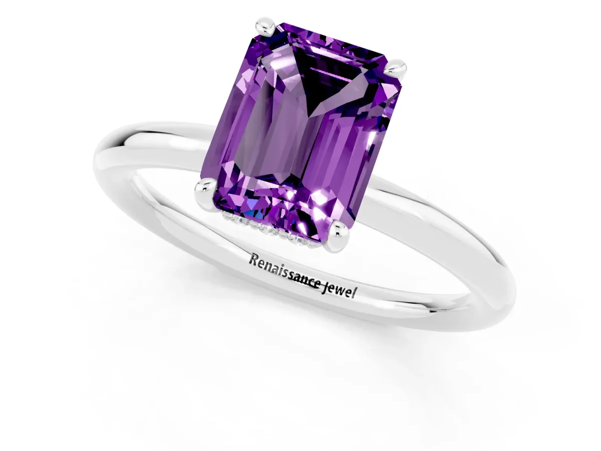 Emerald Cut Amethyst Solitaire Ring with Thin Band and Four-Prong Setting White gold