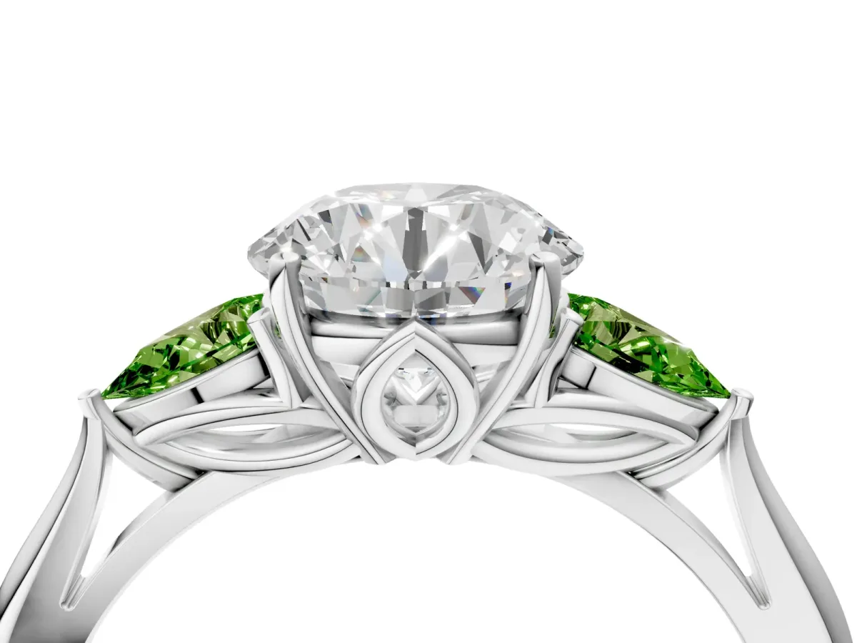 Round Cut Diamond Three-Stone Ring with Pear Peridot Side Stones and Prong Setting Silver
