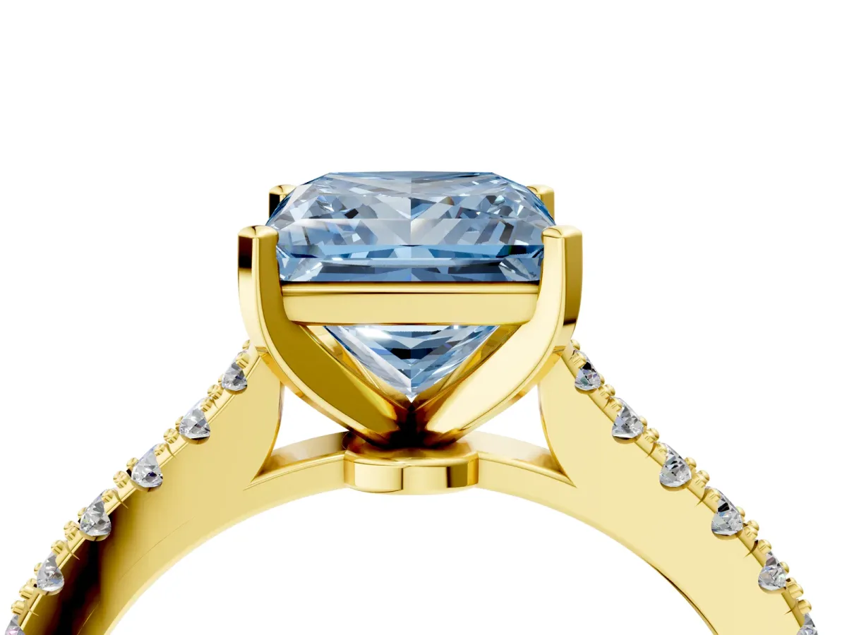 Fancy Blue Princess Cut Cut Solitaire Diamond Engagement Ring with Pave Band and Four-Prong Setting Yellow gold