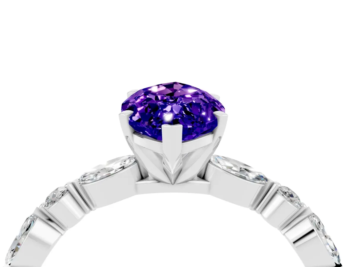 Marquise Cut Tanzanite Ring with Marquise and Round Side Stones and Four-Prong Setting White gold