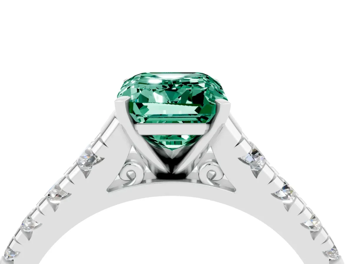 Emerald Cut Green Sapphire Cathedral Solitaire Ring with Round Pavé Band Platinum