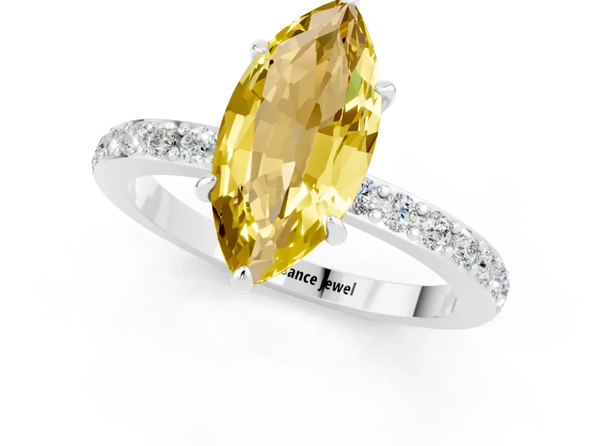 Marquise Cut Yellow Sapphire Solitaire Engagement Ring with Pavé Band and Four-Prong Setting White gold