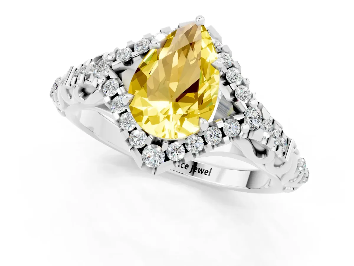 Pear Cut Yellow Sapphire Solitaire Ring with Hidden Halo and Pavé Band White gold