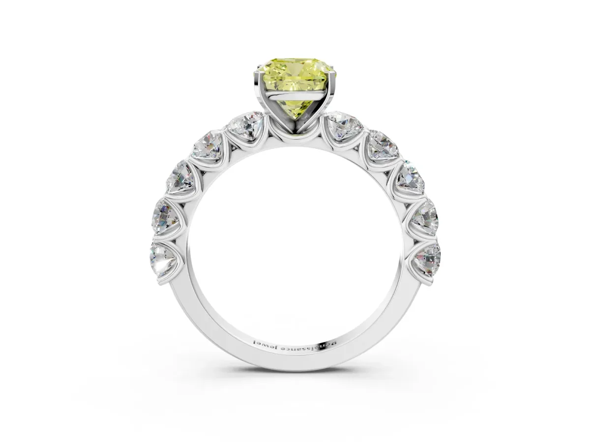 Fancy Yellow Cushion Cut Diamond Prong Setting with Side Stones on a Pave Band Silver