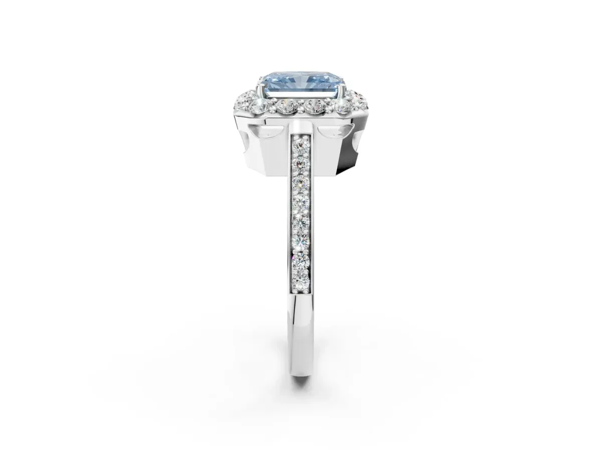 Fancy Blue Radiant Cut Diamond Floral Halo Ring with Pavé Band and Prong Setting Platinum