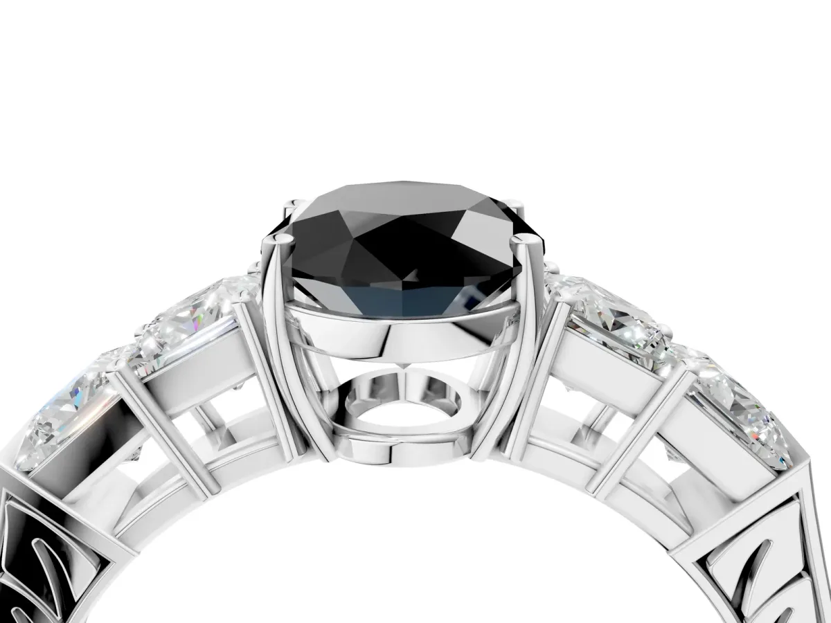 Fancy Black Oval Cut Solitaire Princess Side Stone Engraved Band Prong Setting Ring Silver