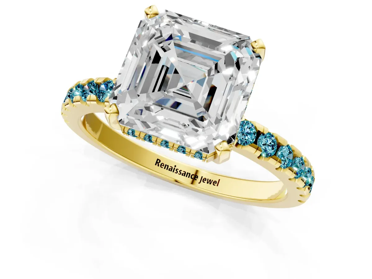 Asscher Cut Diamond Solitaire Ring with Round Blue Topaz Pavé Band and Four-Prong Setting Yellow gold