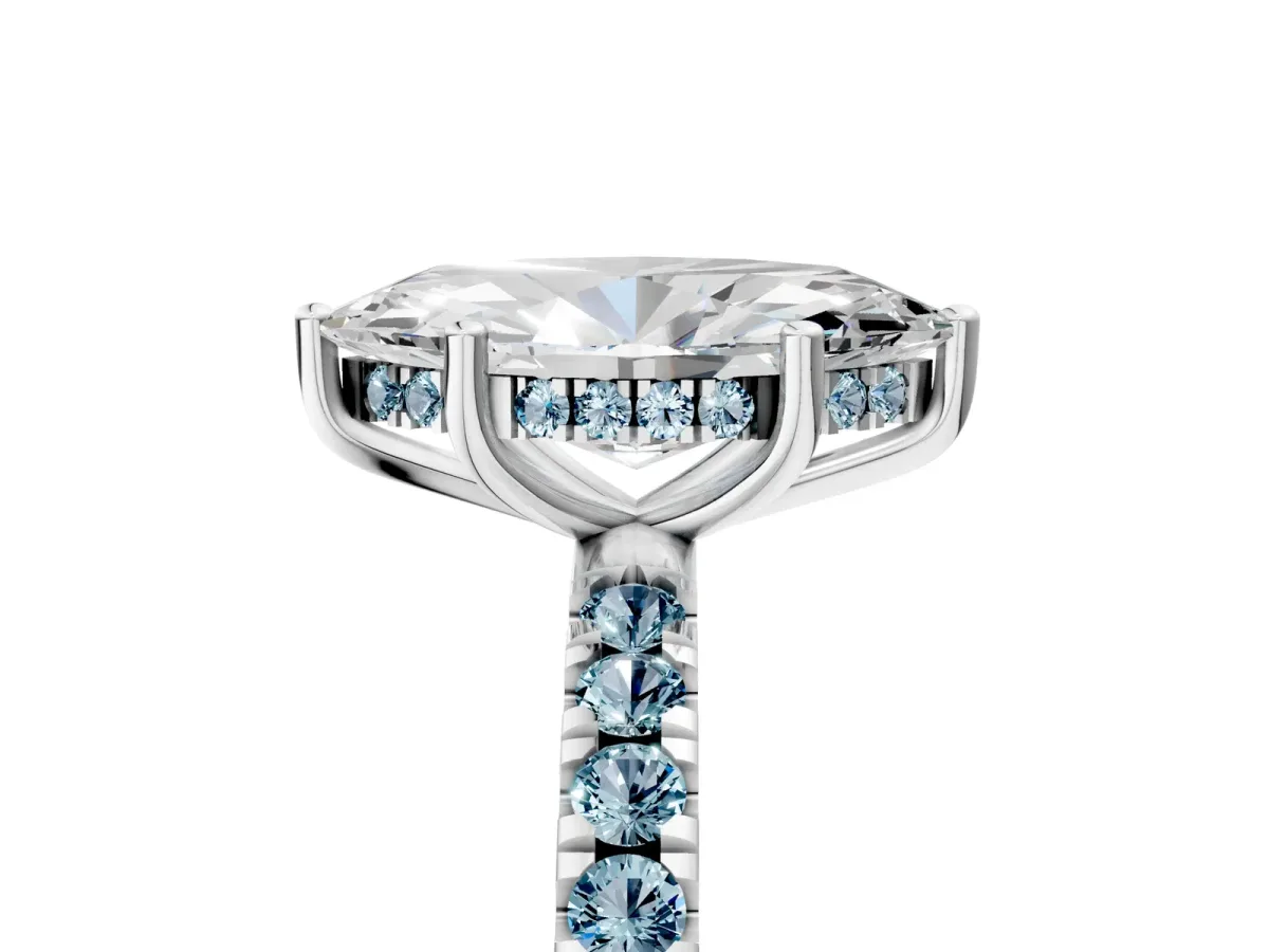 Marquise Cut Diamond Pave Band Solitaire Ring with Round Aquamarine and Prong Setting White gold