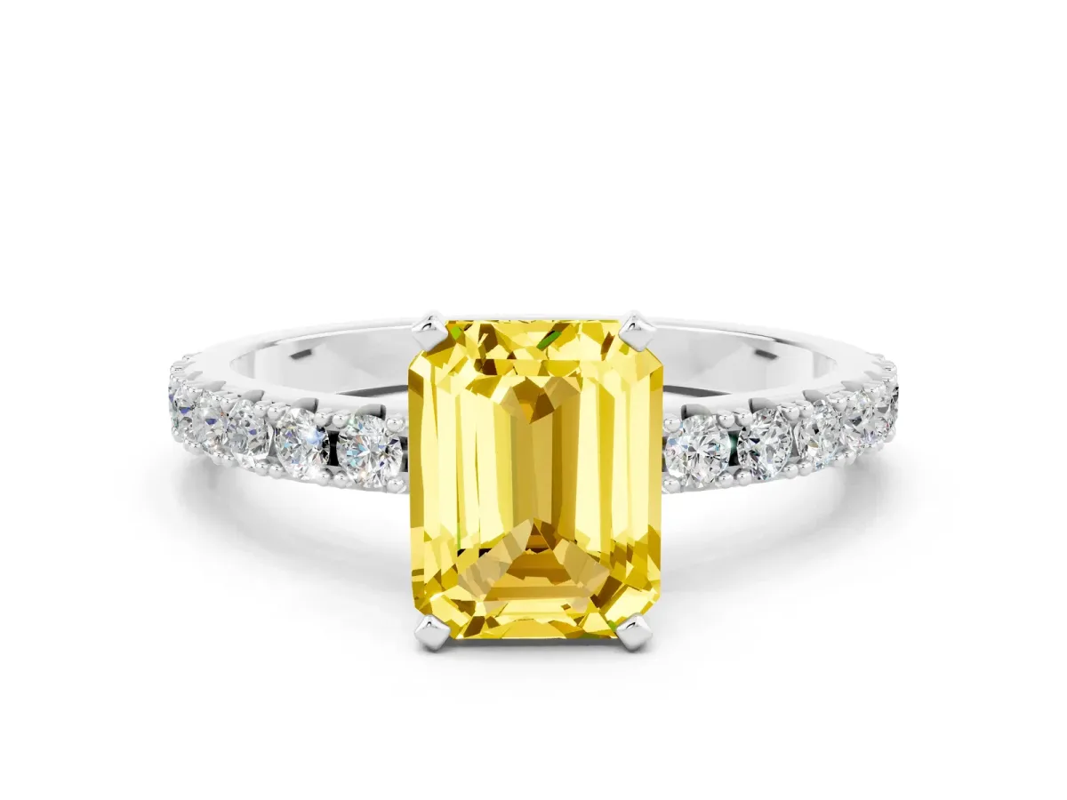 Emerald Cut Yellow Sapphire Solitaire Pavé Band with Four-Prong Setting Platinum