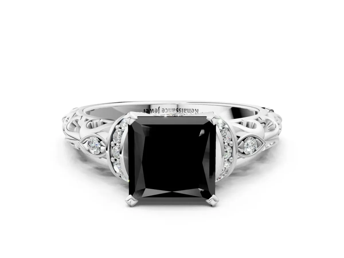 Fancy Black Princess Cut Diamond Solitaire Ring with Filigree Band and Four-Prong Setting Silver