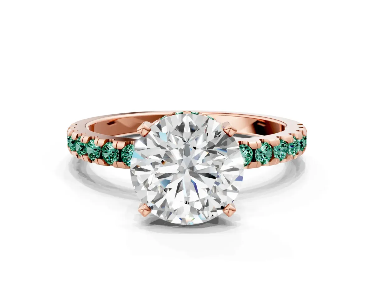 Round Cut Diamond Solitaire Ring with Round Green Sapphire Pavé Band and Four-Prong Setting Rose gold